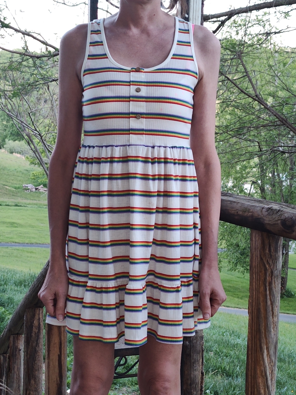 White Multicolor Rainbow Stripe Tank Dress